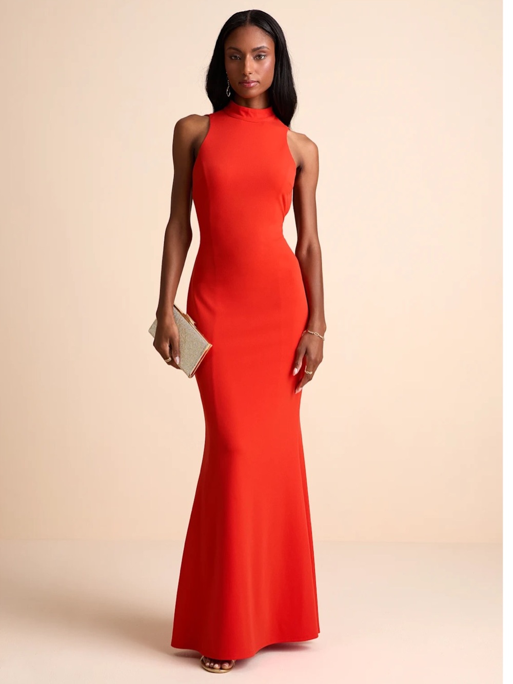 Lulus Damaris Bright Orange Mock Neck Backless Crepe Knit Maxi Dress Small
